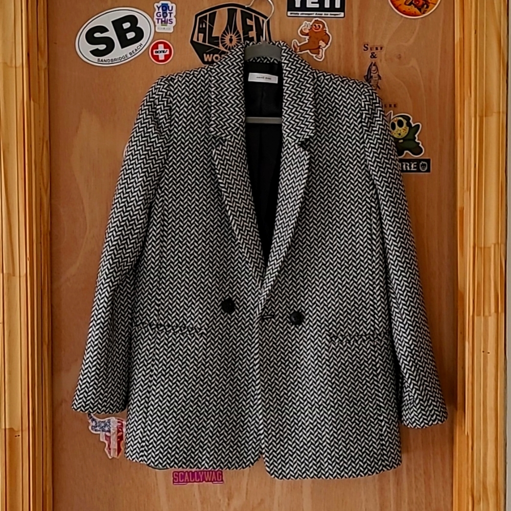 Anine Bing Black & White Herringbone Double-Breasted Blazer
